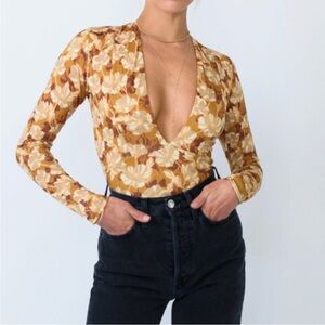 RESA Floral Deep V-Neck Bodysuit in Gold, Brown and Cream Ashland